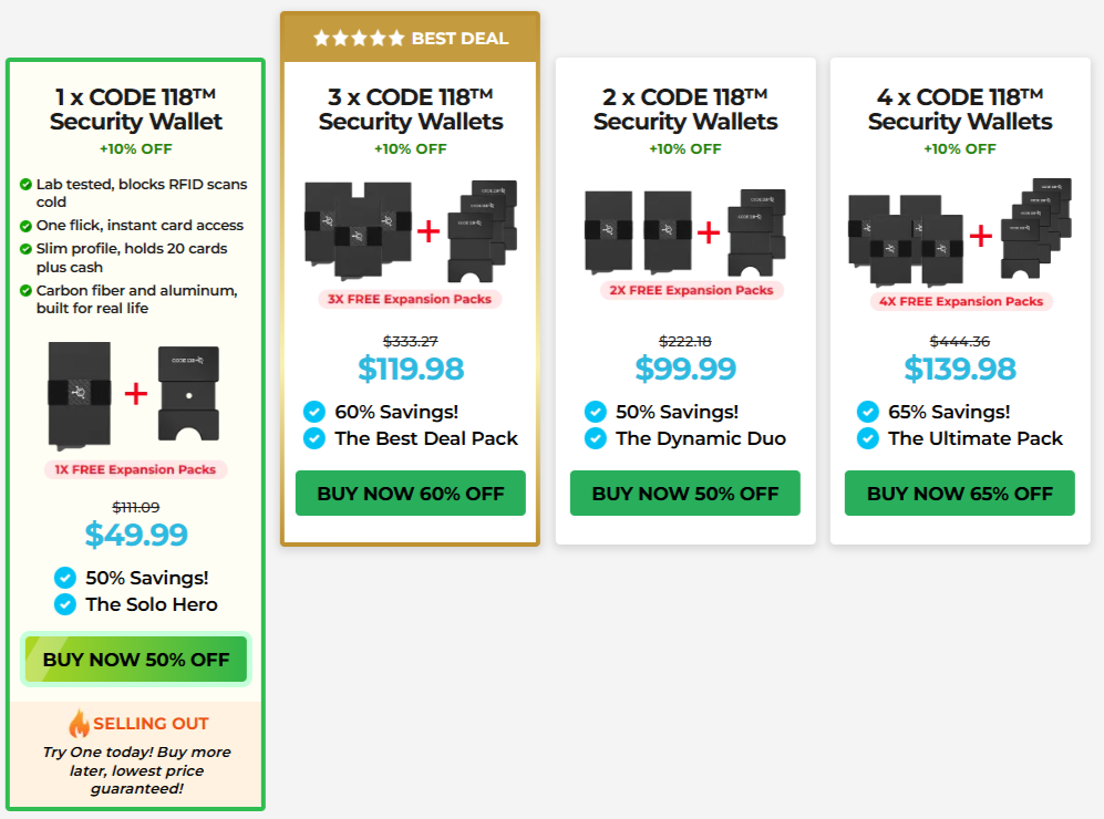 Code 118 Wallet Pricing